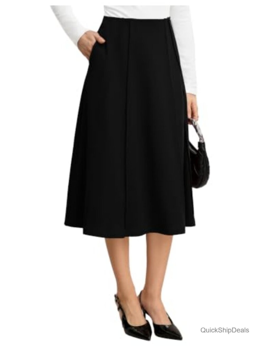 Women's Midi A-Line High Waisted Flowy Skirt with Pockets